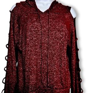 OCASION HOODED Knit Top Burgundy Red Long Cut Out Tab Sleeves Pullover JRs SZ XL